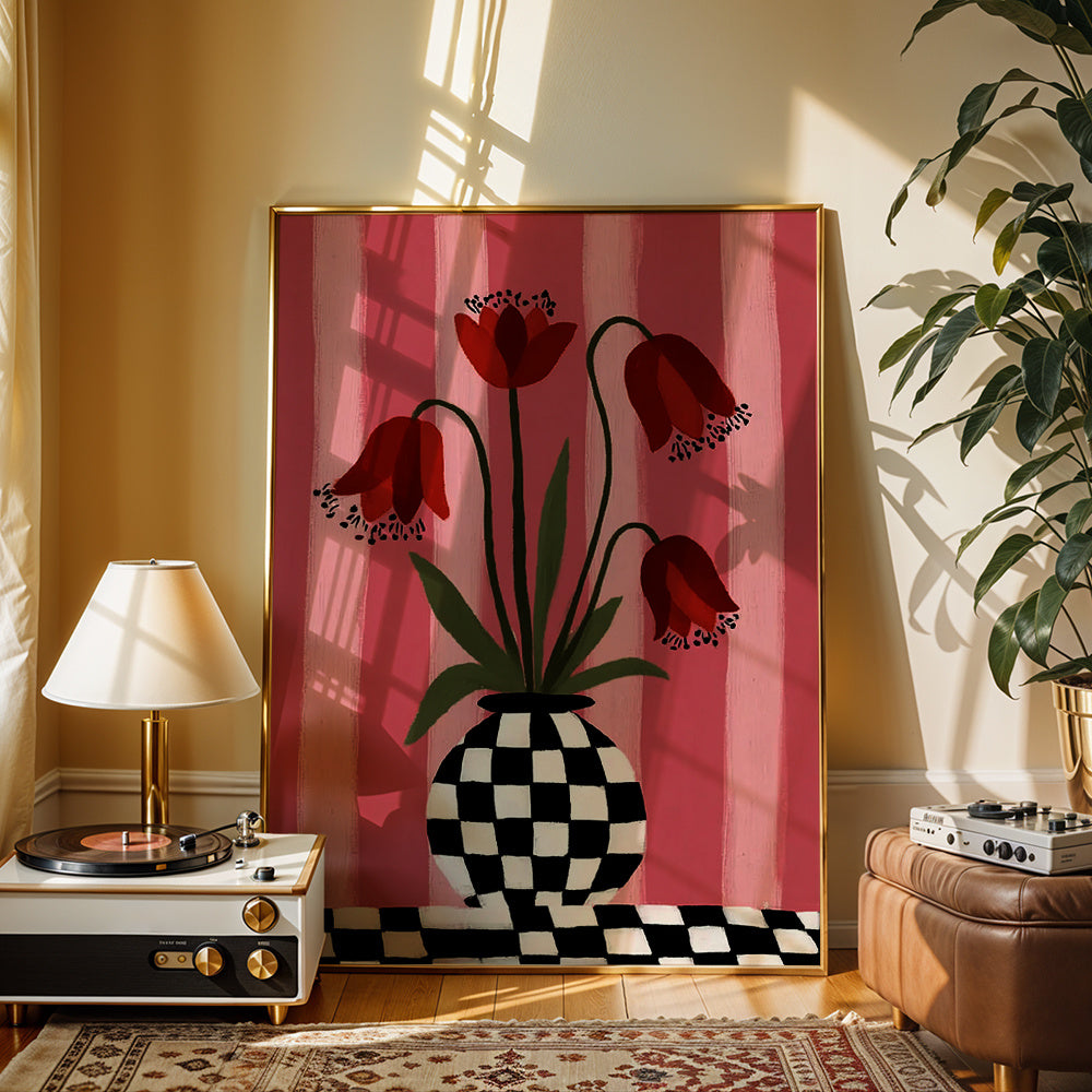 Berry Pink Tulip Canvas Wall Art, Red Flowers in a Black and White Checkered Vase for Bedroom — artwork and room preview
