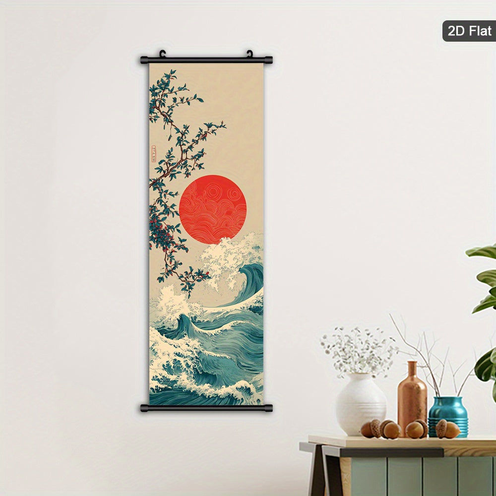 Japanese Ocean Waves Canvas Wall Art, Red Rising Sun and Delicate Branches in a Vintage Zen Print — artwork and room preview