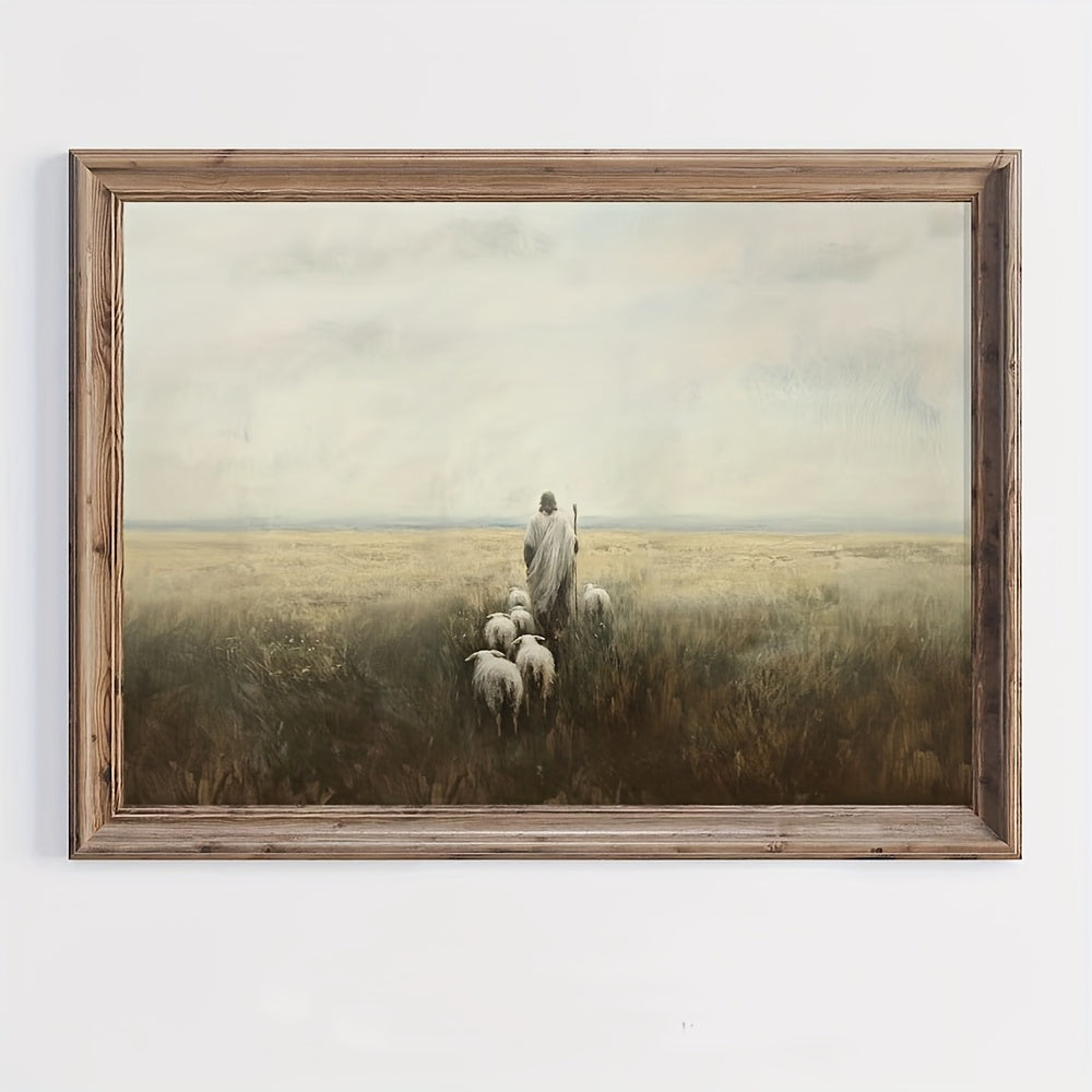 Jesus Shepherd and Sheep Canvas Wall Art, Rustic Christian Meadow Landscape in Soft Earthy Tones — artwork and room preview
