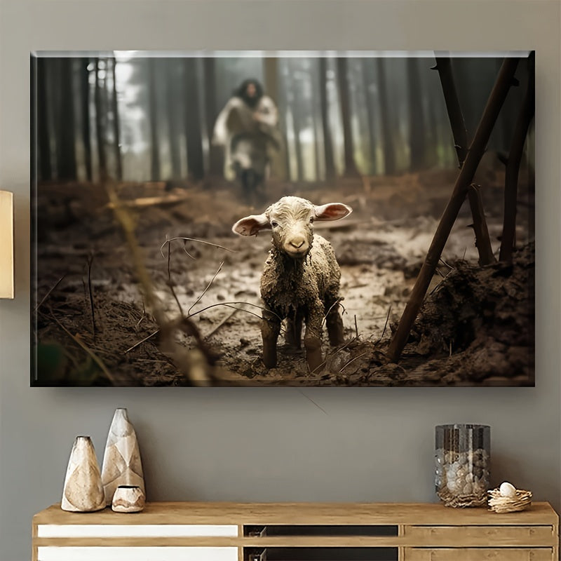 Christ and the Lamb Canvas Wall Art, Christian Woodland Scene with a Lamb in the Foreground — artwork and room preview