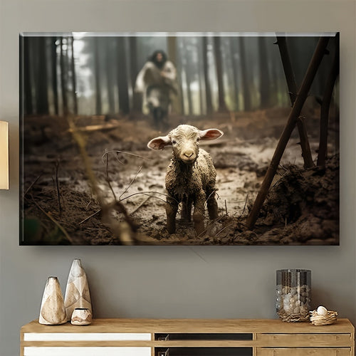 Christ and the Lamb Canvas Wall Art, Christian Woodland Scene with a Lamb in the Foreground — artwork and room preview