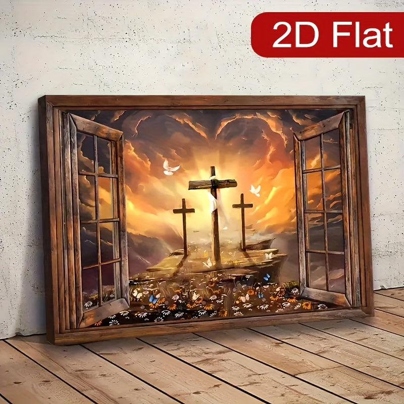 Three Crosses at Sunset Canvas Wall Art, Christian Landscape through a Rustic Open Window — artwork and room preview