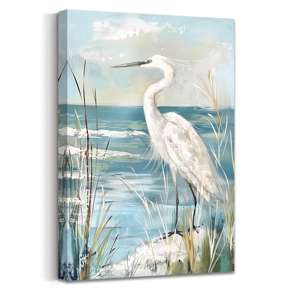 White Egret Canvas Wall Art, Turquoise Coastal Water and Beach Grass in a Vintage Nature Print — artwork and room preview