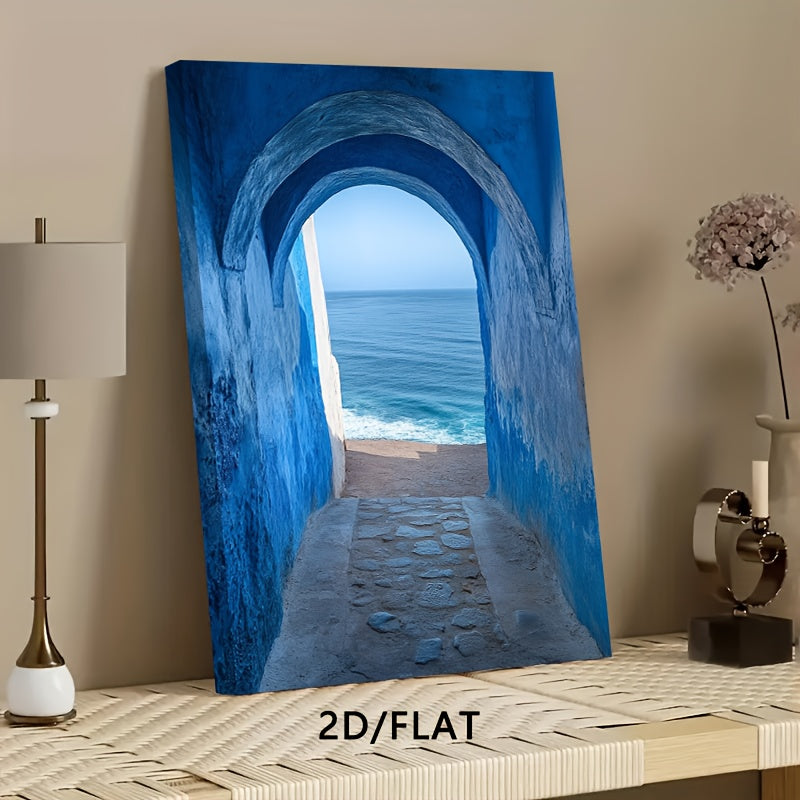 Mediterranean Archway Canvas Wall Art, Blue Coastal Sea View Through a Sunlit Vaulted Passage — artwork and room preview