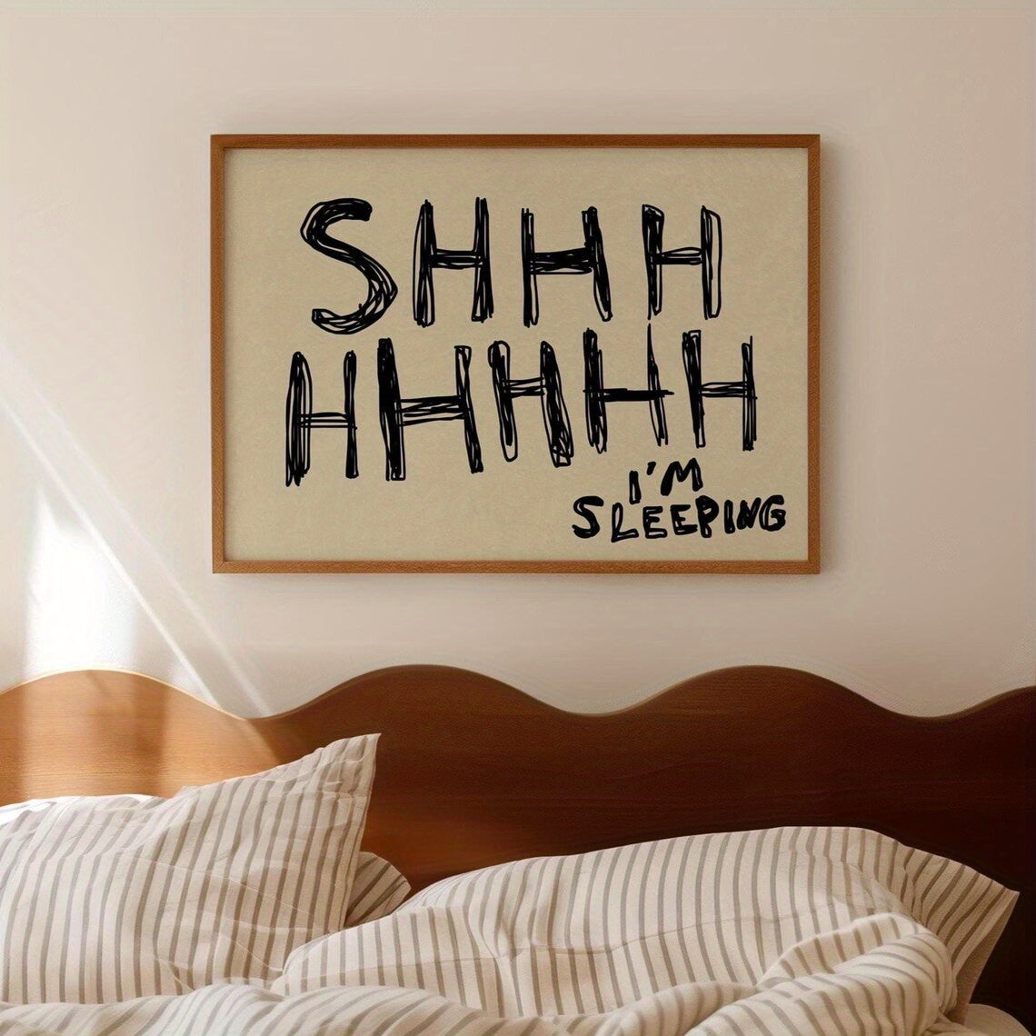 Shhh I Am Sleeping Canvas Wall Art, Funny Black Lettering on a Neutral Background for Bedroom — artwork and room preview