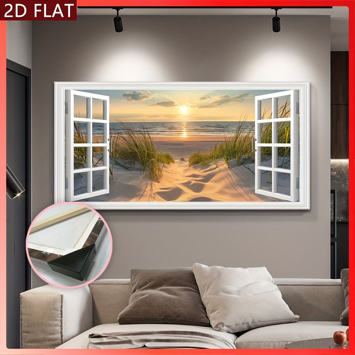 Open Window Beach Canvas Wall Art, Sunlit Sand Dunes and Ocean Sunset Coastal Landscape — artwork and room preview