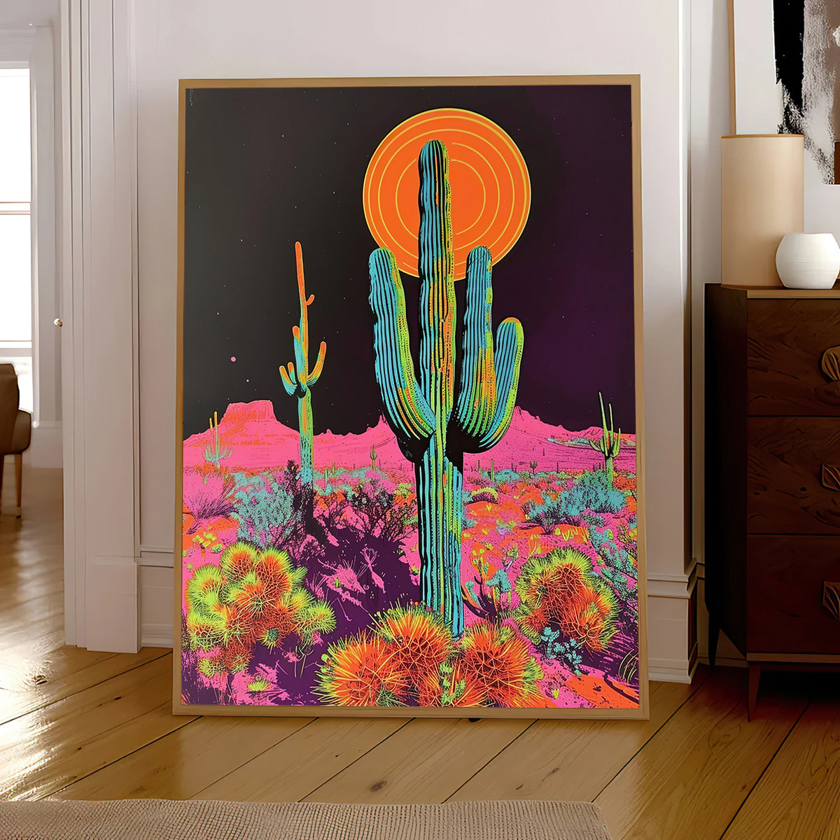 Neon Cactus Canvas Wall Art, Psychedelic Pink Desert Flowers and Orange Sun in Pop Art Style — artwork and room preview