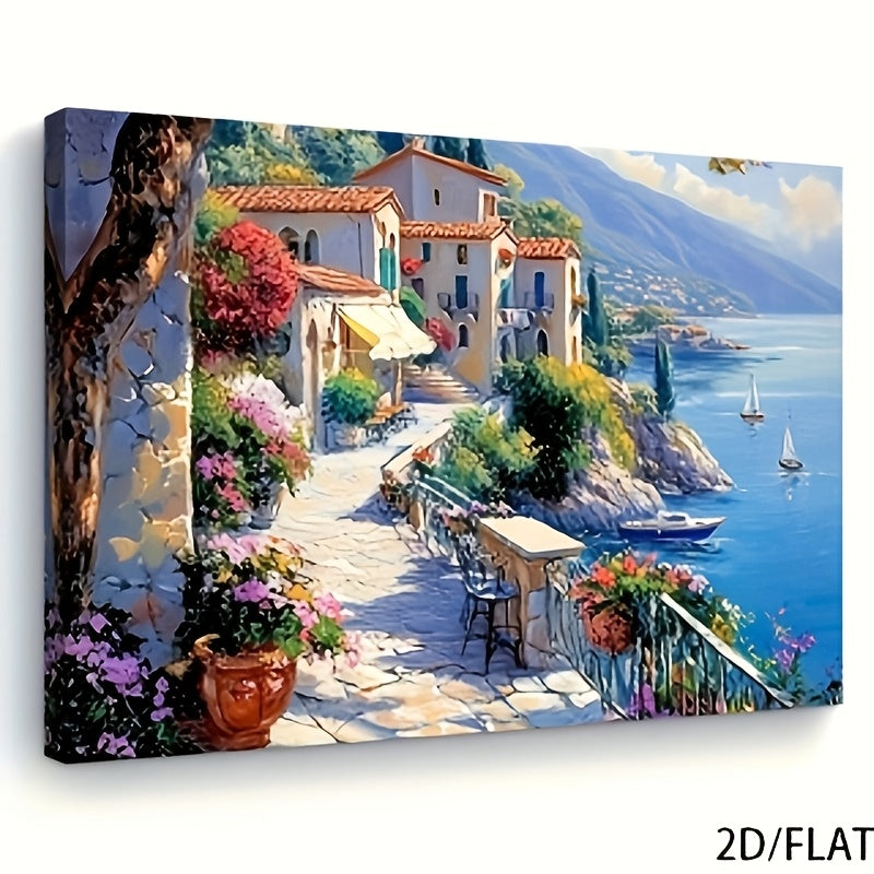 Mediterranean Seascape Canvas Wall Art, Sunlit Coastal Village Terrace and Blue Sea for Living Room — artwork and room preview