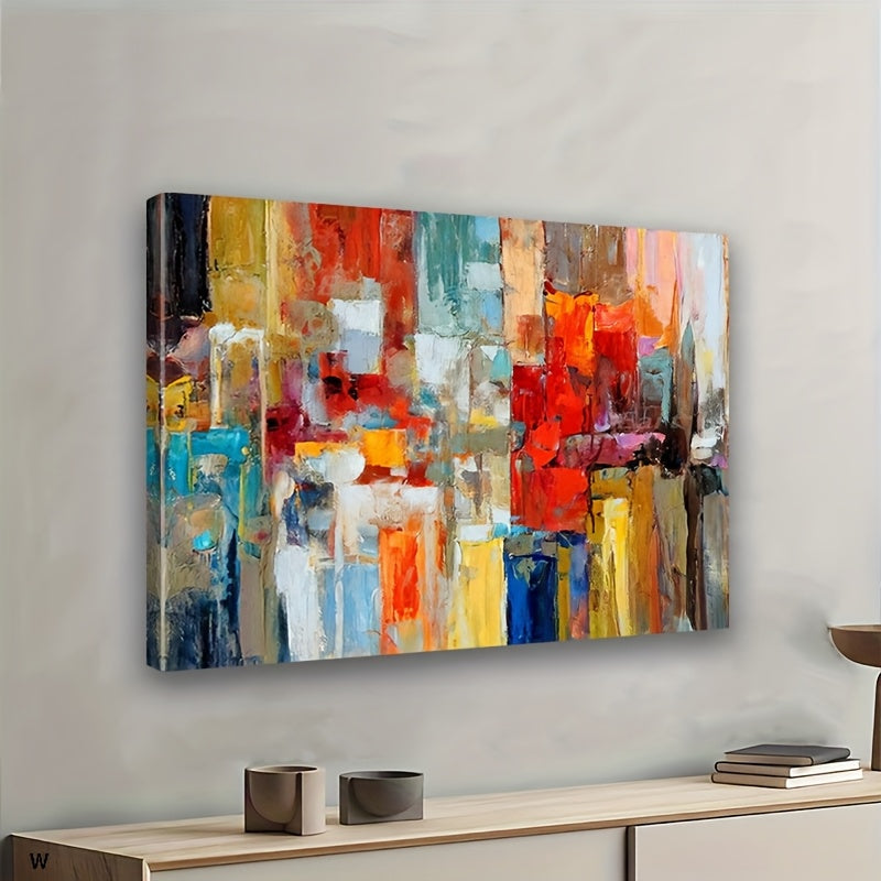 Colorful Abstract Canvas Wall Art, Expressive Red Blue Yellow and White Blocks for Modern Living Room — artwork and room preview