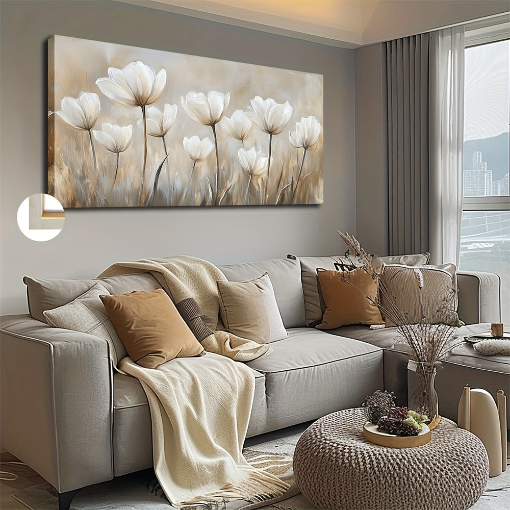 White Flowers Canvas Wall Art, Slender Stems and Soft Neutral Petals in a Modern Floral Landscape — artwork and room preview