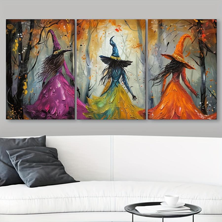 Colorful Witches Canvas Wall Art Set of 3, Flowing Autumn Gowns in a Painterly Forest Scene — artwork and room preview