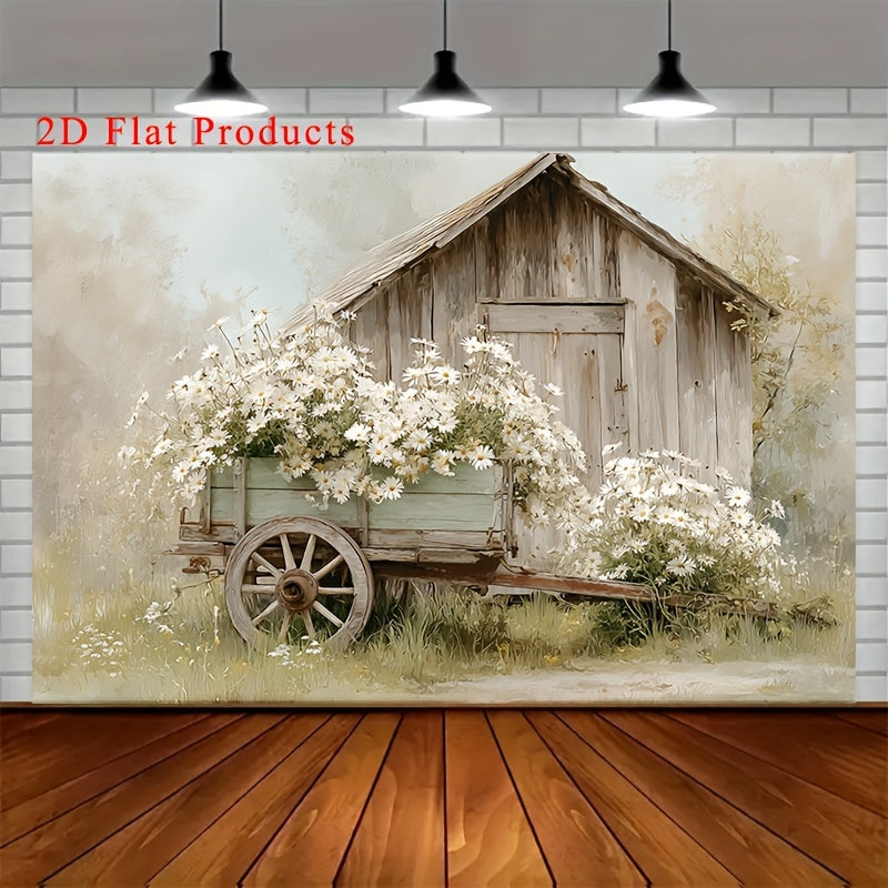 Rustic Barn and Flower Wagon Canvas Wall Art, Soft White Summer Blossoms in a Farmhouse Landscape — artwork and room preview