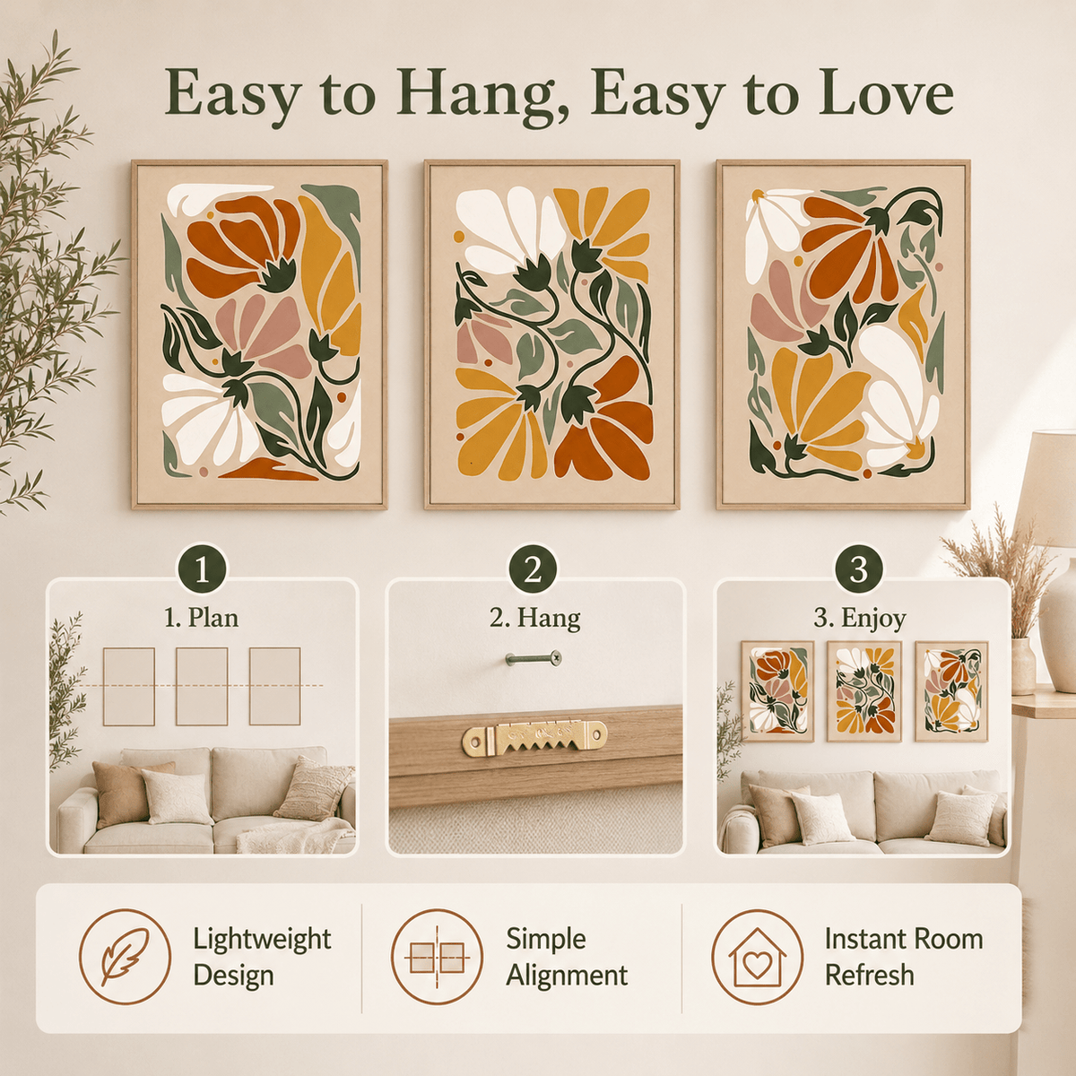 Boho Abstract Floral Canvas Wall Art Set of 3, Earth Tone Flowers and Green Leaves for Living Room — artwork and room preview