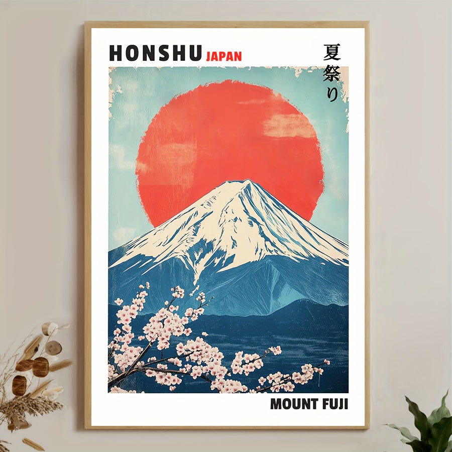 Mount Fuji Canvas Wall Art, Honshu Japan Travel Poster with Red Sun and Cherry Blossoms — artwork and room preview