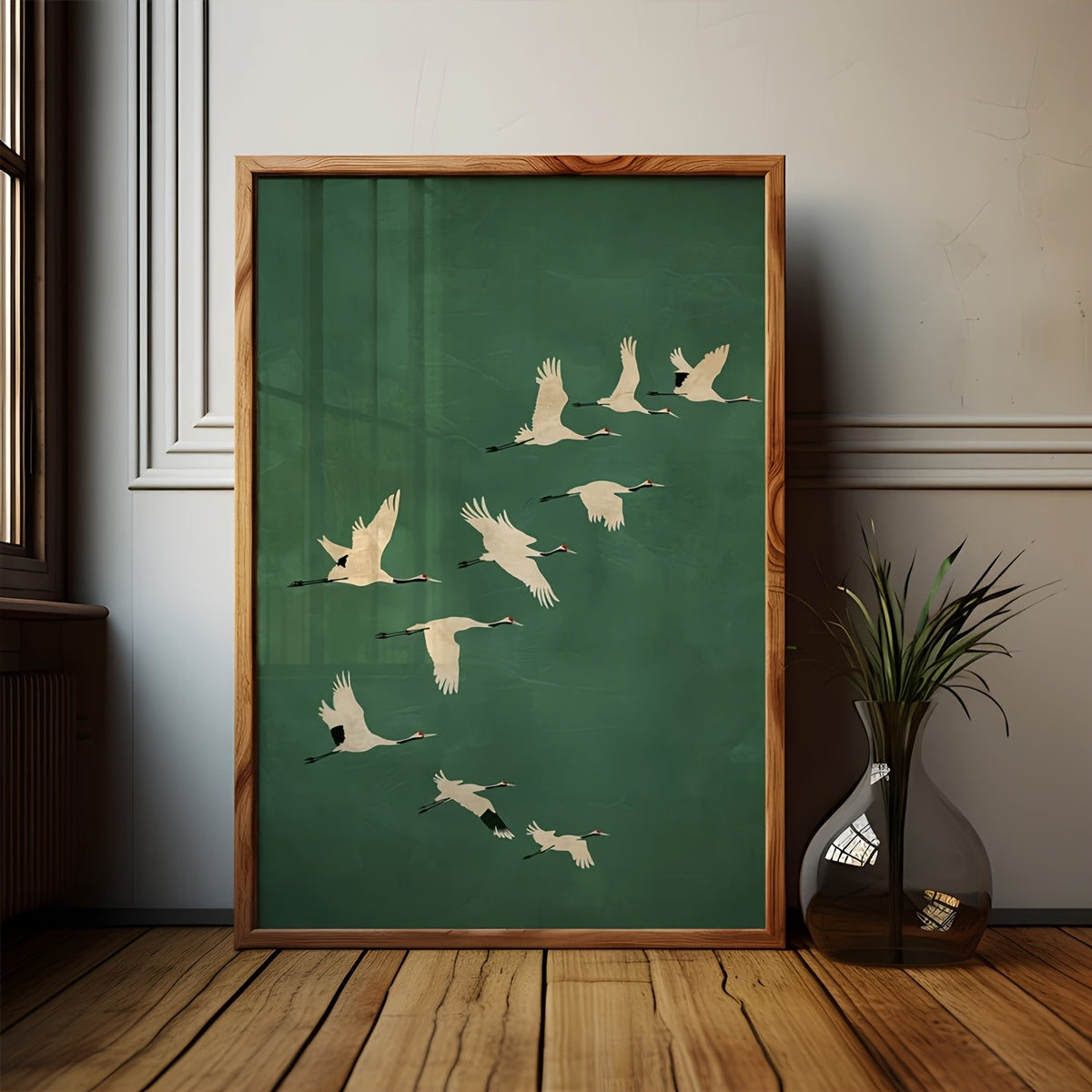 Jade Green Crane Canvas Wall Art, Japanese Bird Print with Pale Gold Accents for Living Room — artwork and room preview