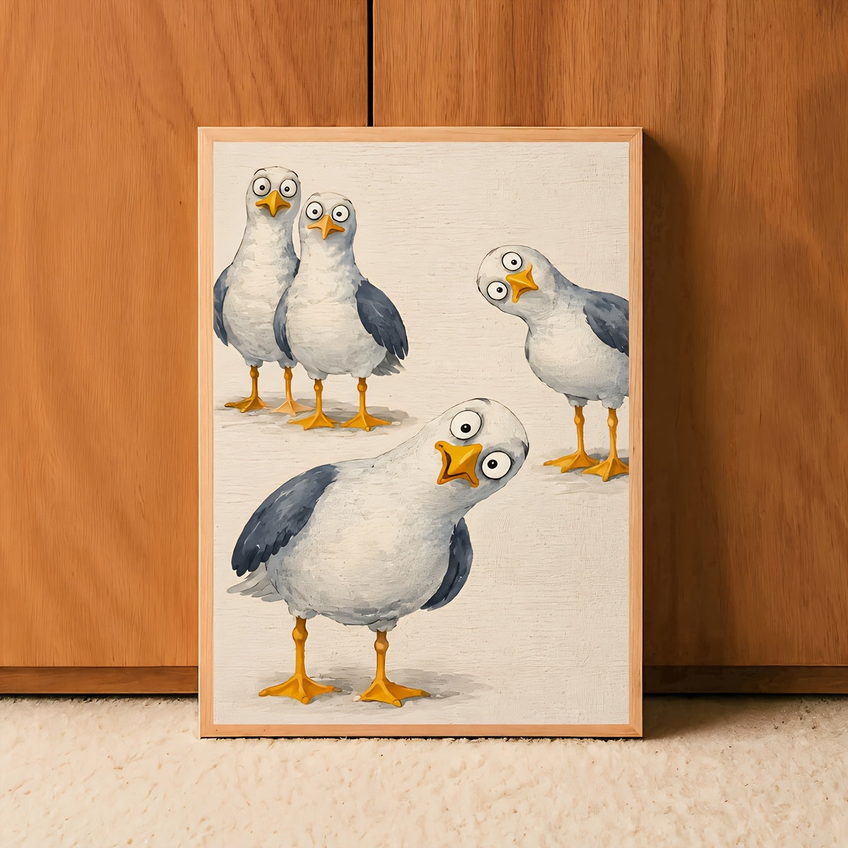 Funny Seagull Canvas Wall Art, Whimsical Blue and White Coastal Birds for Bathroom or Kitchen — artwork and room preview