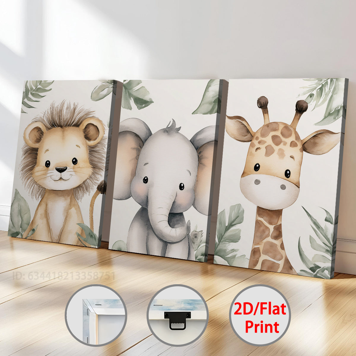 Safari Nursery Canvas Wall Art Set of 3, Cute Lion Elephant and Giraffe with Soft Green Leaves — artwork and room preview