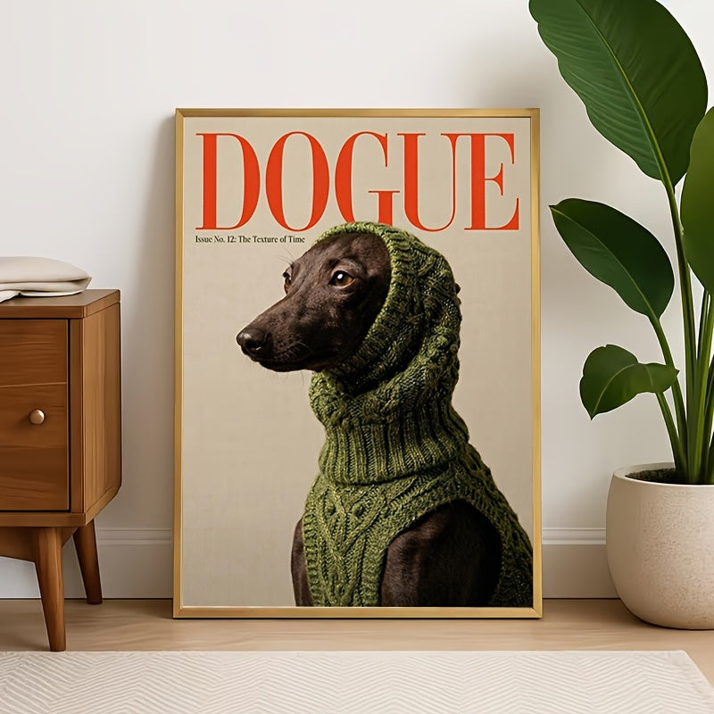 Dogue Magazine Style Canvas Wall Art, Fashionable Dog in a Green Knitted Hood for Bedroom — artwork and room preview
