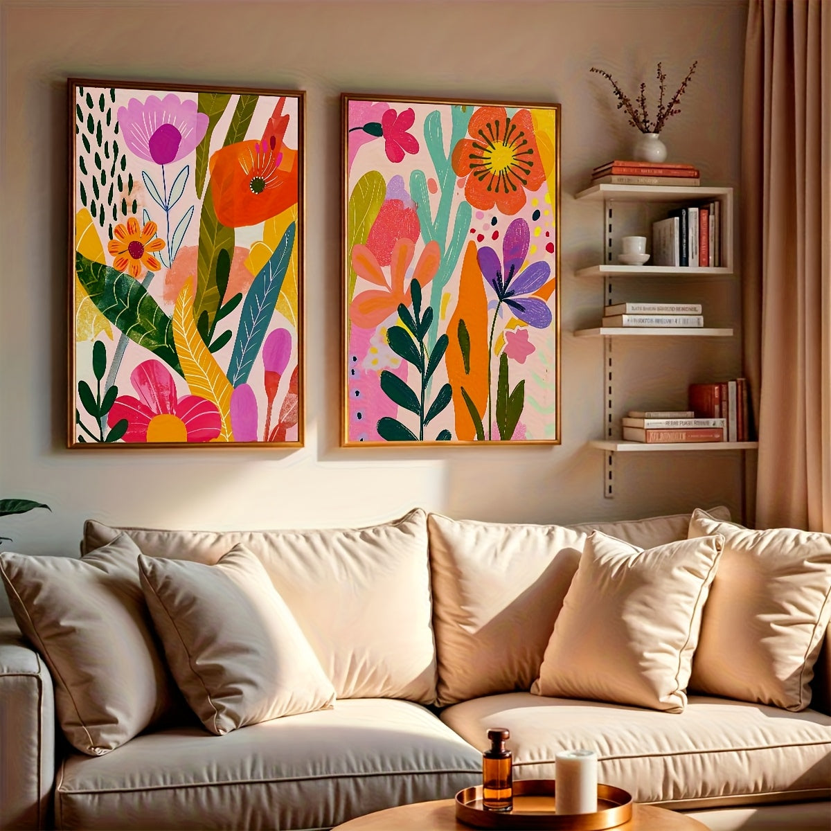 Colorful Spring Flower Canvas Wall Art Set of 2, Vibrant Abstract Botanical Prints for Living Room — artwork and room preview