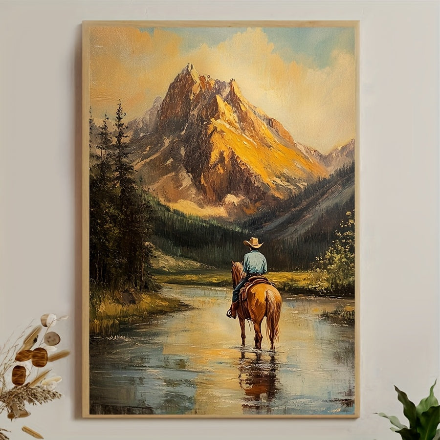 Cowboy Crossing the River Canvas Wall Art, Western Mountain Landscape with Horse and Rider — artwork and room preview