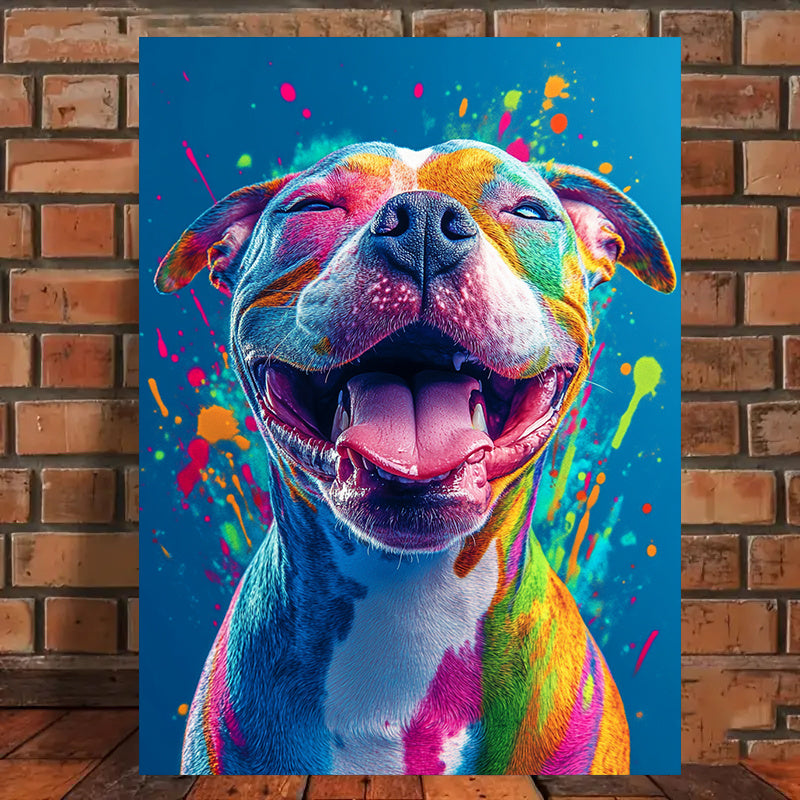 Colorful Happy Dog Canvas Wall Art, Bright Paint Splashes on Blue for Modern Animal Decor — artwork and room preview