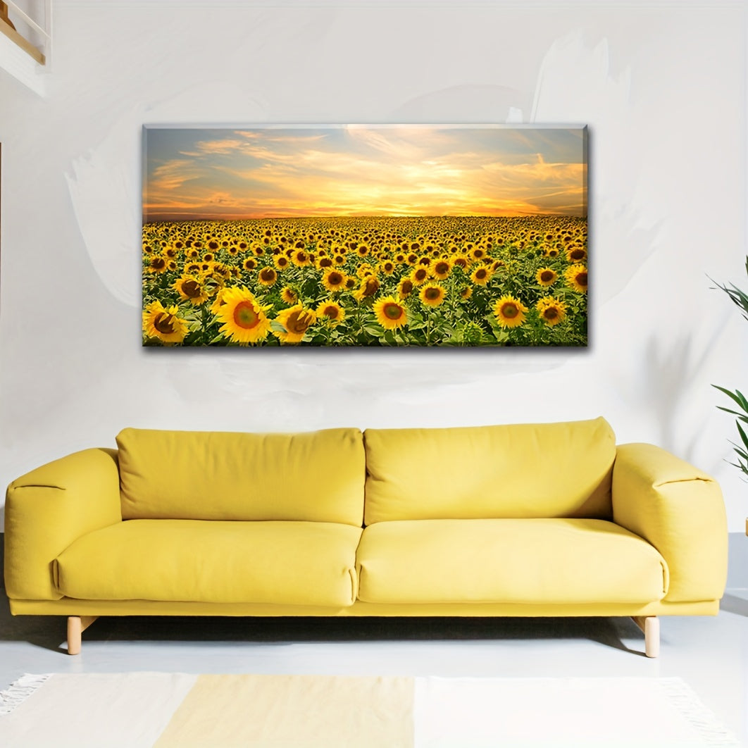 Sunflower Field at Sunset Canvas Wall Art, Golden Floral Landscape for Farmhouse Living Room — artwork and room preview