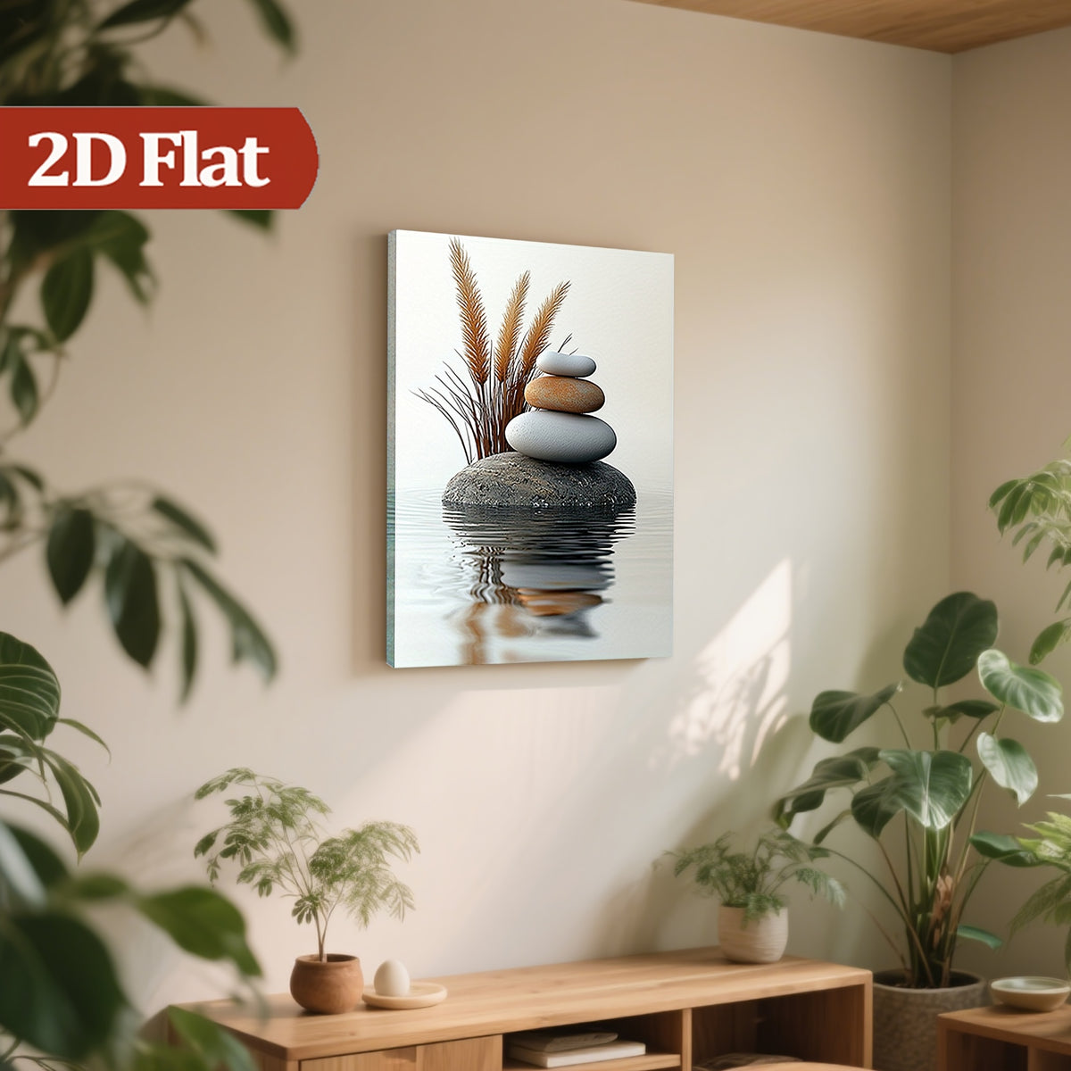 Zen Balancing Stones Canvas Wall Art, Pampas Grass and Water Reflections in Neutral Wabi Sabi Tones — artwork and room preview