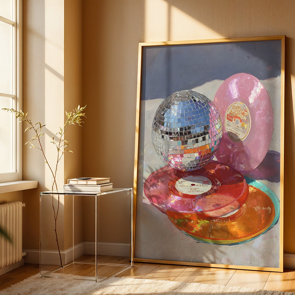 Disco Ball and Vinyl Records Canvas Wall Art, Colorful Retro Music Still Life for Studio Decor — artwork and room preview