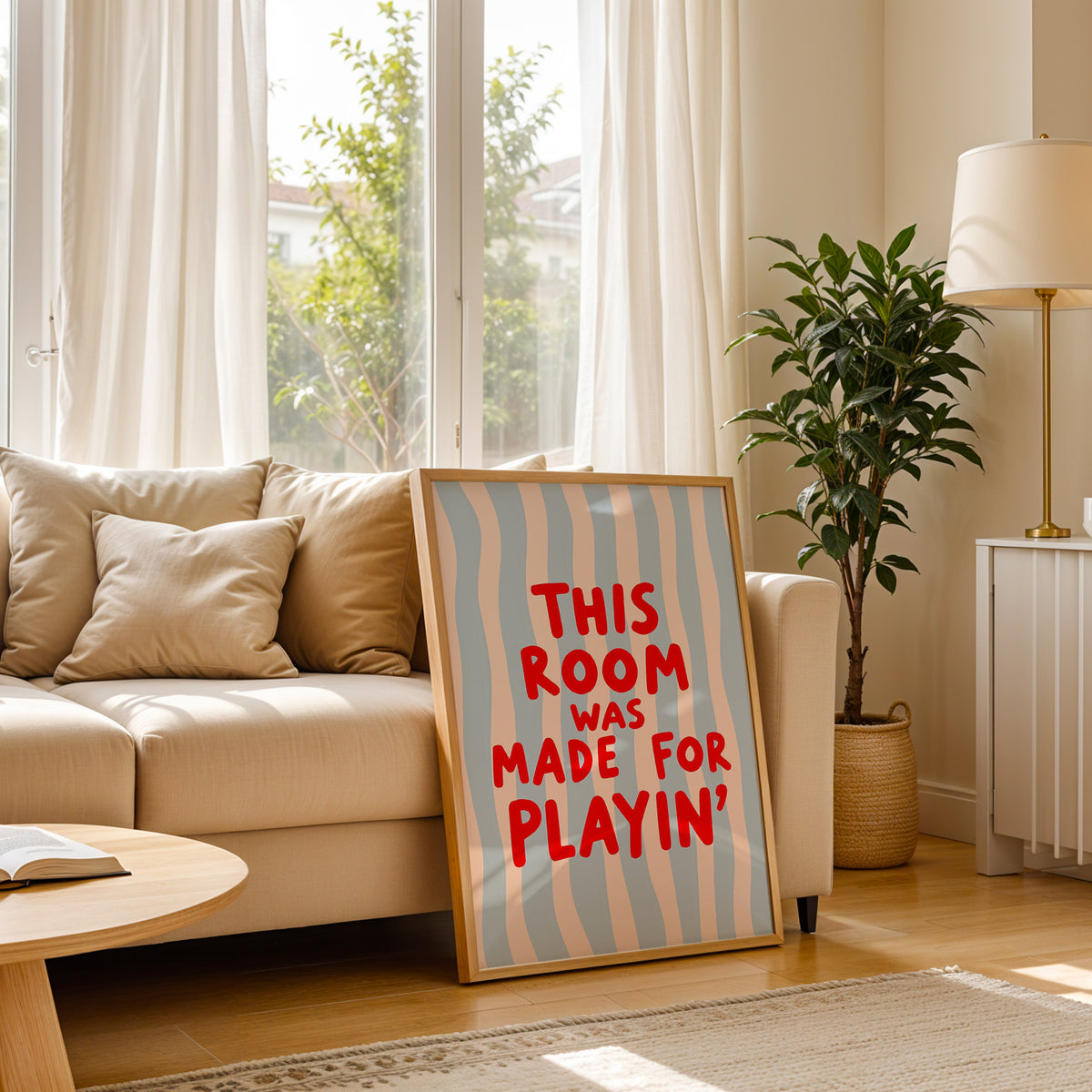 This Room Was Made for Playin Canvas Wall Art, Red Quote on Blue Stripes for Playroom Decor — artwork and room preview