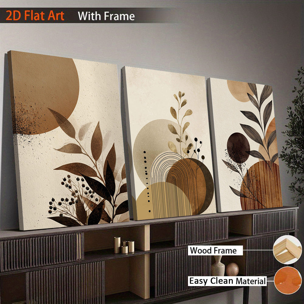 Neutral Botanical Canvas Wall Art Set of 3, Abstract Leaves and Earth Tone Shapes for Living Room — artwork and room preview