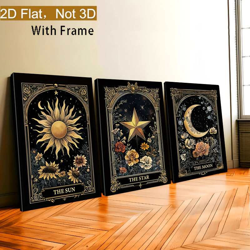 Sun Star and Moon Canvas Wall Art Set of 3, Vintage Black and Gold Floral Tarot Prints — artwork and room preview