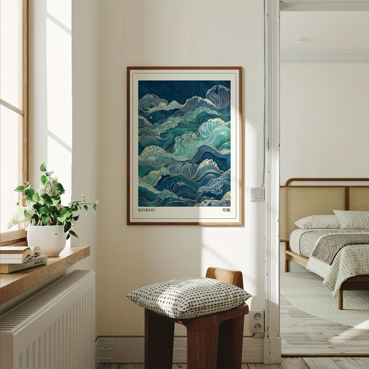 Sage Green and Blue Waves Canvas Wall Art, Vintage Japandi Ocean Print for Living Room or Bedroom — artwork and room preview