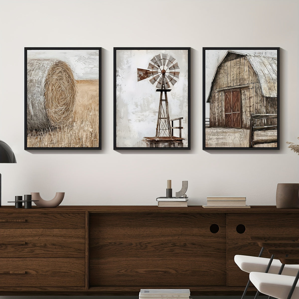 Rustic Farmhouse Canvas Wall Art Set of 3, Hay Bale Windmill and Barn in Neutral Country Tones — artwork and room preview