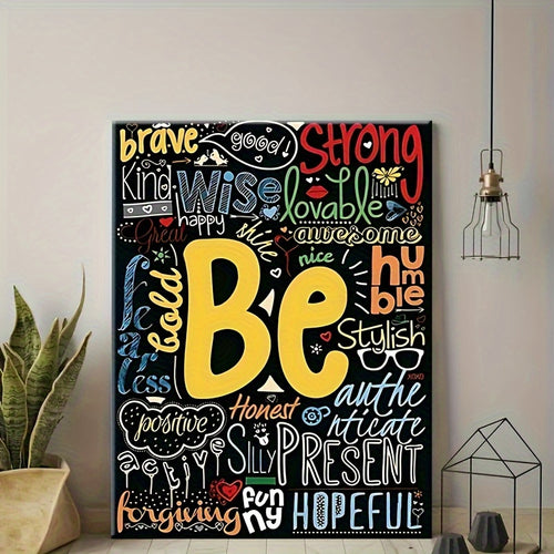 Be Yourself Canvas Wall Art, Colorful Graffiti Positive Affirmations on Black for Classroom or Office — artwork and room preview