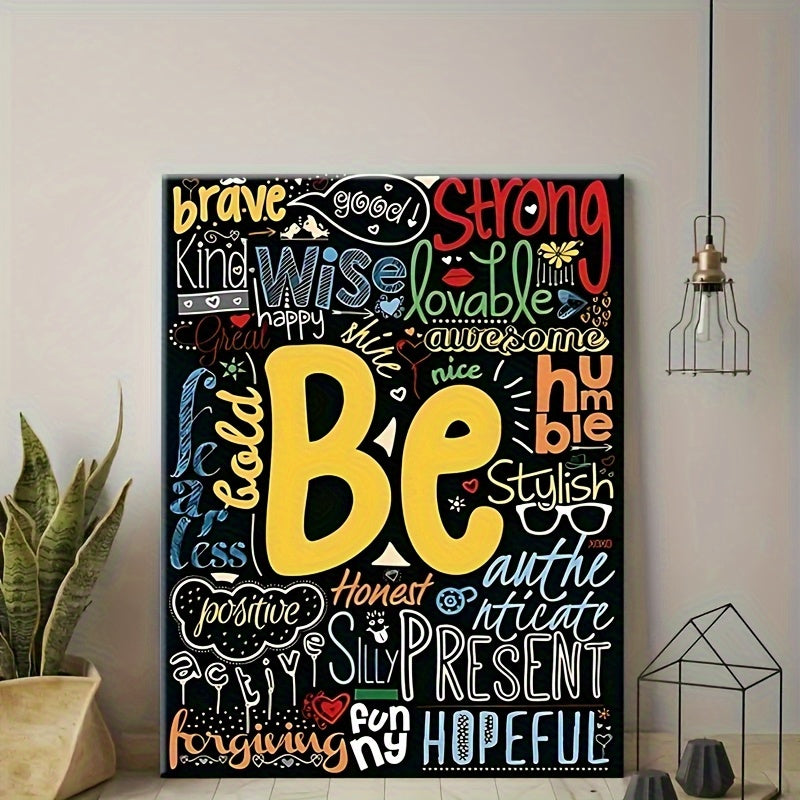 Be Yourself Canvas Wall Art, Colorful Graffiti Positive Affirmations on Black for Classroom or Office — artwork and room preview