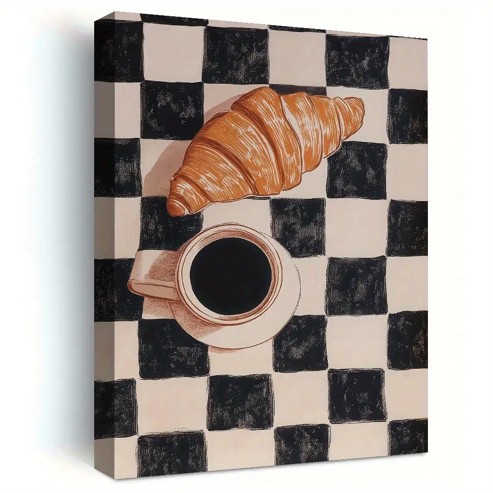 French Cafe Canvas Wall Art, Coffee and Croissant on a Black and White Checkered Background — artwork and room preview