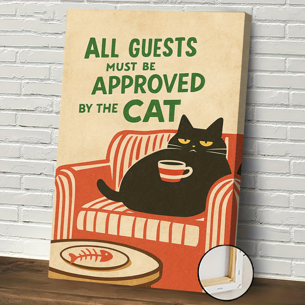 Cat Approved Canvas Wall Art, Black Cat on a Red Sofa with Funny Guest Rules for Living Room — artwork and room preview