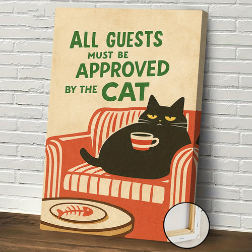 Cat Approved Canvas Wall Art, Black Cat on a Red Sofa with Funny Guest Rules for Living Room — artwork and room preview