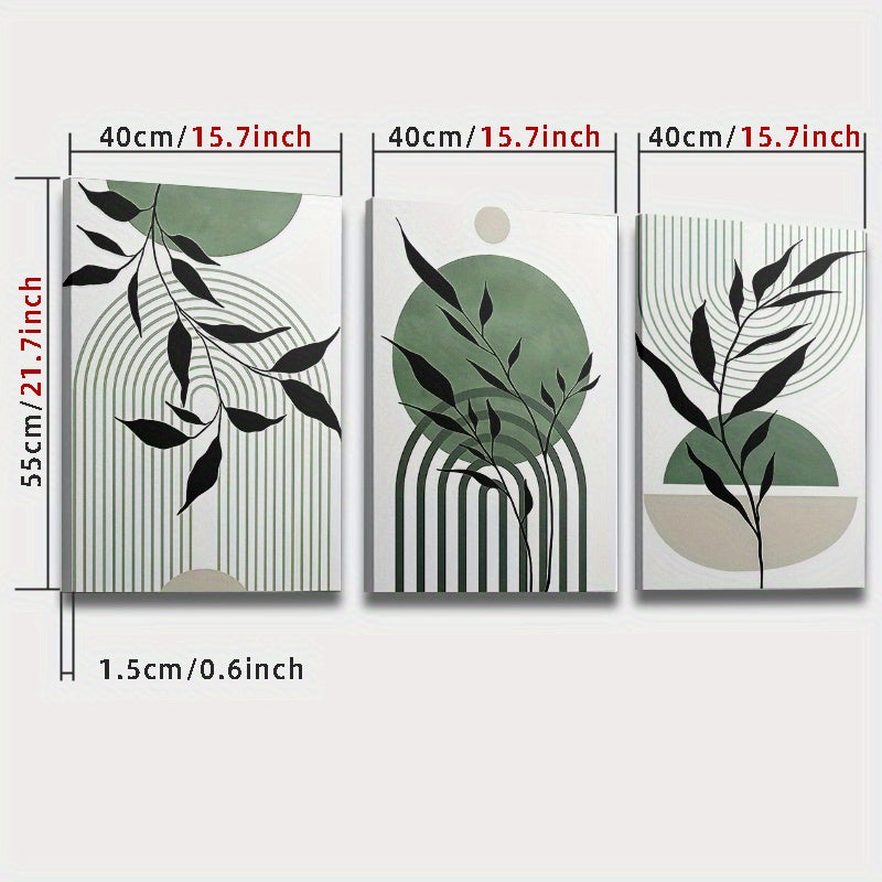 Sage Green Botanical Canvas Wall Art Set of 3, Modern Leaves Stripes and Abstract Shapes — artwork and room preview