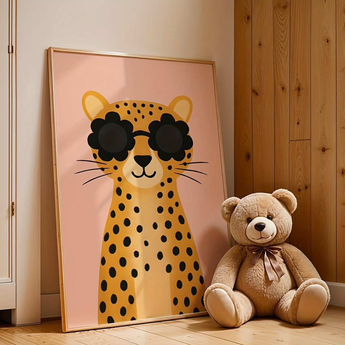 Cool Cheetah Canvas Wall Art, Flower Sunglasses on Pink for a Playful Girls Bedroom — artwork and room preview