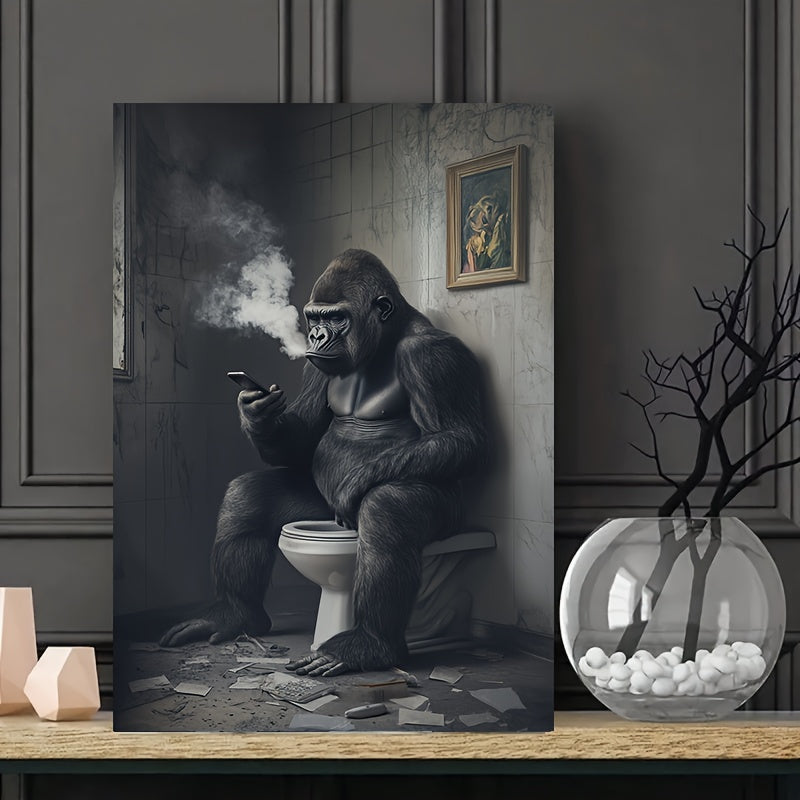 Funny Gorilla Bathroom Canvas Wall Art, Smoking and Texting on the Toilet in a Moody Monochrome Scene — artwork and room preview