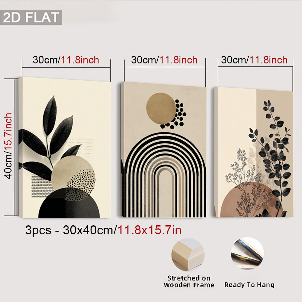 Neutral Botanical Canvas Wall Art Set of 3, Beige and Black Leaves with Modern Abstract Arches — artwork and room preview