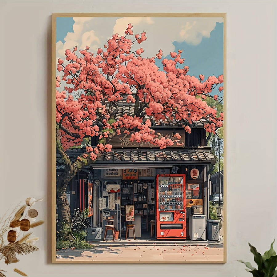 Japanese Cherry Blossom Shop Canvas Wall Art, Pink Sakura Street Scene in a Vintage Style — artwork and room preview