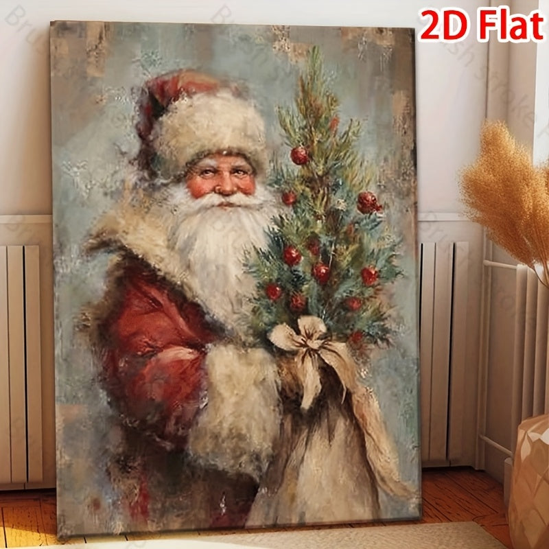 Vintage Santa Claus Canvas Wall Art, Father Christmas Holding a Decorated Tree in Rustic Holiday Colors — artwork and room preview