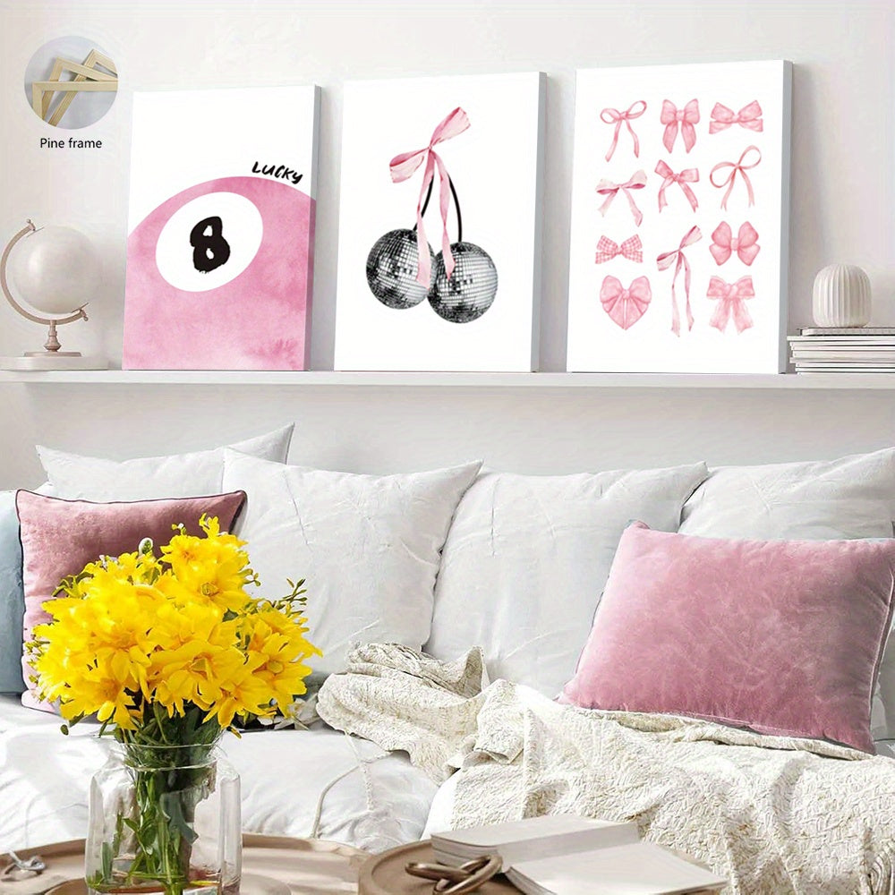 Pink Bow and Cherry Canvas Wall Art Set of 3, Lucky Eight Ball and Playful Fashion Prints — artwork and room preview