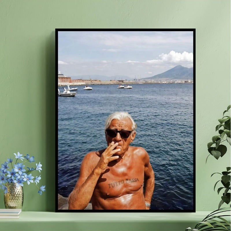TUTTO PASSA Canvas Wall Art, Italian Phrase Tattoo Portrait with a Mediterranean Sea and Harbor Background — artwork and room preview