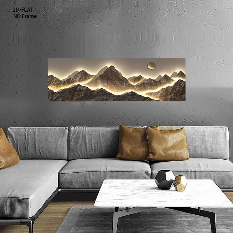 Abstract Mountain Canvas Wall Art, Gold Light and Dark Peaks in a Minimalist Nordic Landscape — artwork and room preview