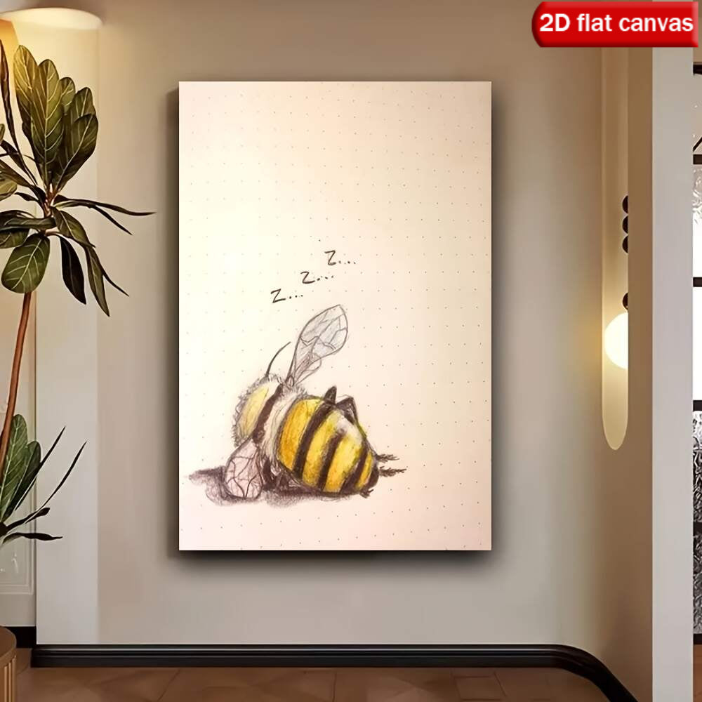 Sleepy Bee Canvas Wall Art, Cute Yellow Bumblebee Sketch on a Soft Neutral Background — artwork and room preview