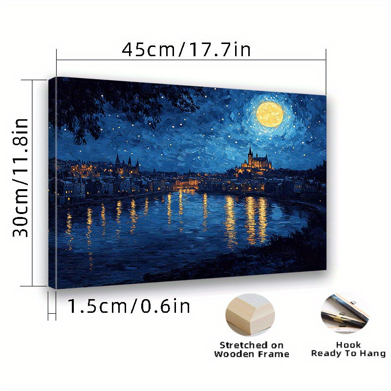 Moonlit Harbour Canvas Wall Art, Blue Night Waterfront and Golden Reflections in a Painterly Style — artwork and room preview