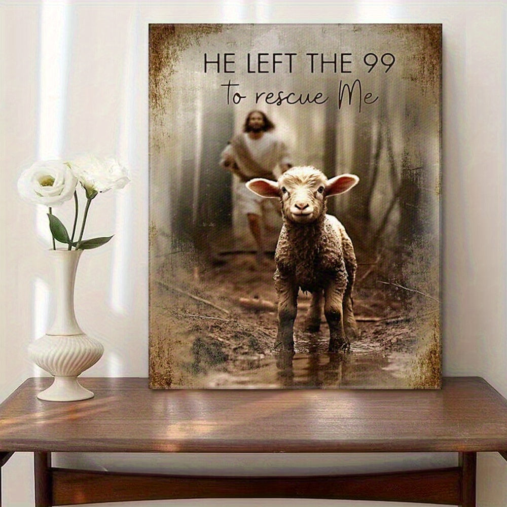 He Left the 99 to Rescue Me Canvas Wall Art, Lost Lamb and Jesus in a Woodland Christian Print — artwork and room preview